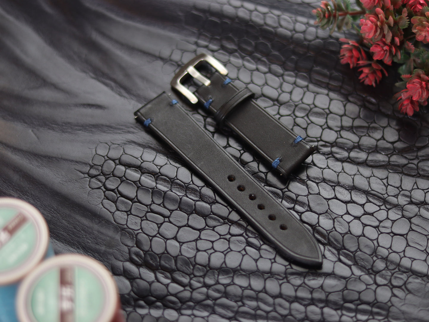 LEATHER STRAPS  MATTE BLACK (BLUE ) MINIMAL STITCHED GRIP LEATHER GOODS