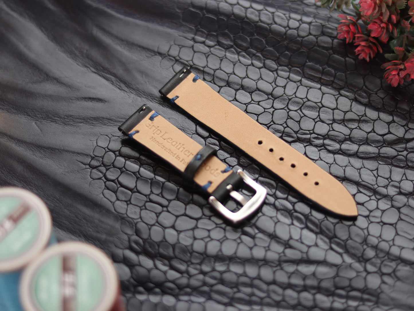 LEATHER STRAPS  MATTE BLACK (BLUE ) MINIMAL STITCHED GRIP LEATHER GOODS