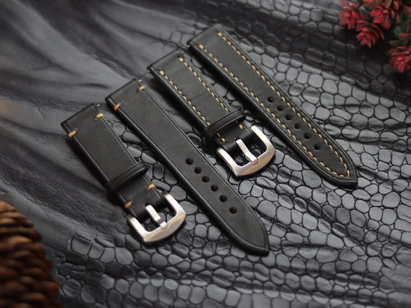 LEATHER STRAPS MATTE BLACK  ( SUNSET ORANGE) FULL STITCHED GRIP LEATHER GOODS