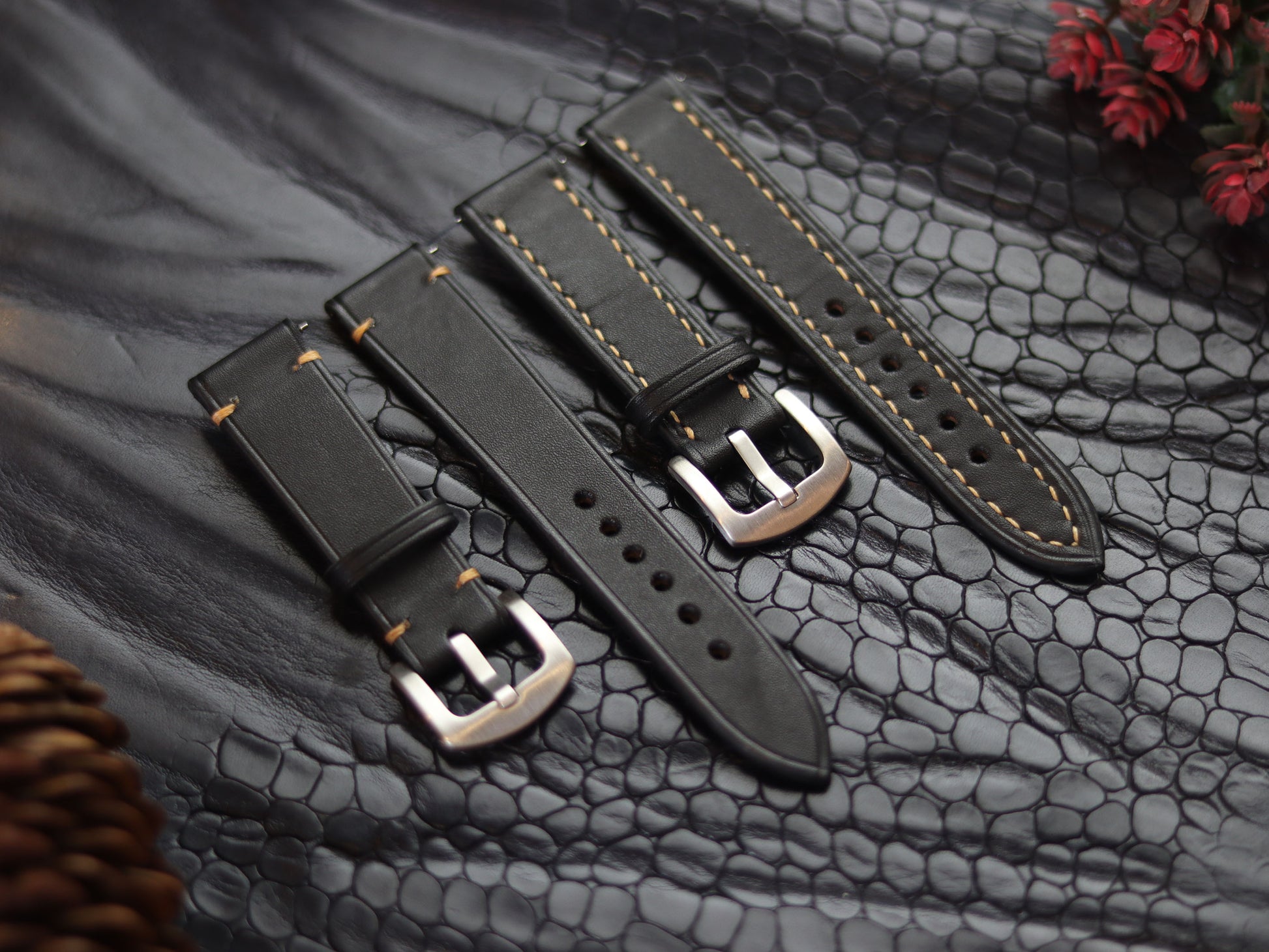 LEATHER STRAPS MATTE BLACK  ( SUNSET ORANGE) MINIMAL STITCHED GRIP LEATHER GOODS