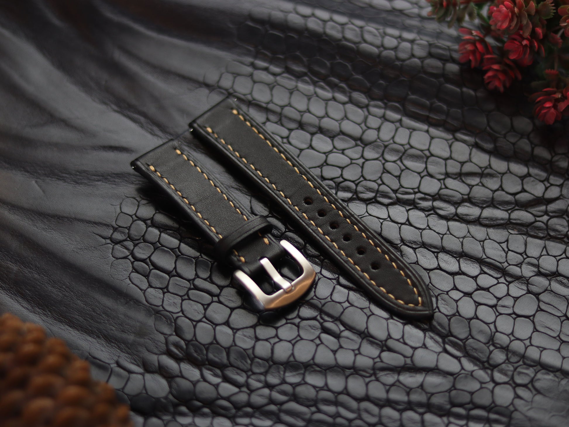 LEATHER STRAPS MATTE BLACK  ( SUNSET ORANGE) FULL STITCHED GRIP LEATHER GOODS