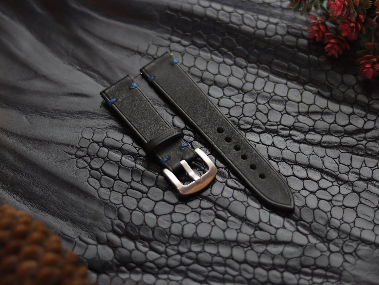 LEATHER STRAPS  MATTE BLACK (BLUE ) MINIMAL STITCHED GRIP LEATHER GOODS
