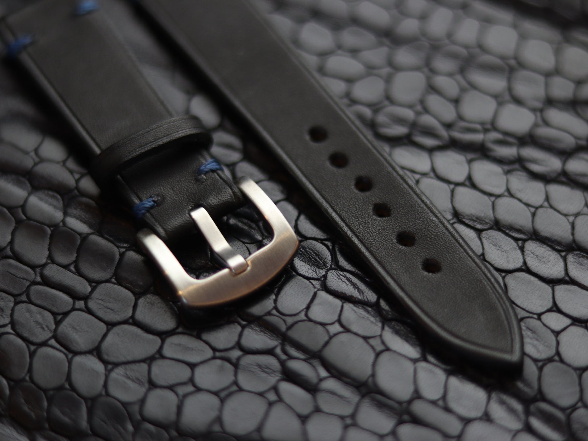 LEATHER STRAPS  MATTE BLACK (BLUE ) MINIMAL STITCHED GRIP LEATHER GOODS