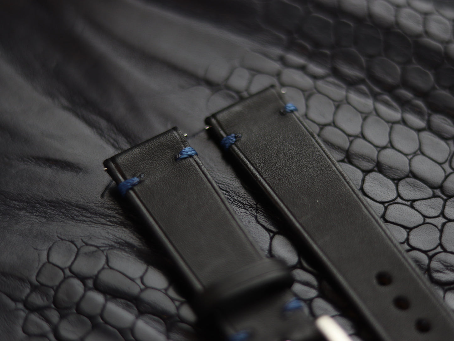 LEATHER STRAPS  MATTE BLACK (BLUE ) MINIMAL STITCHED GRIP LEATHER GOODS