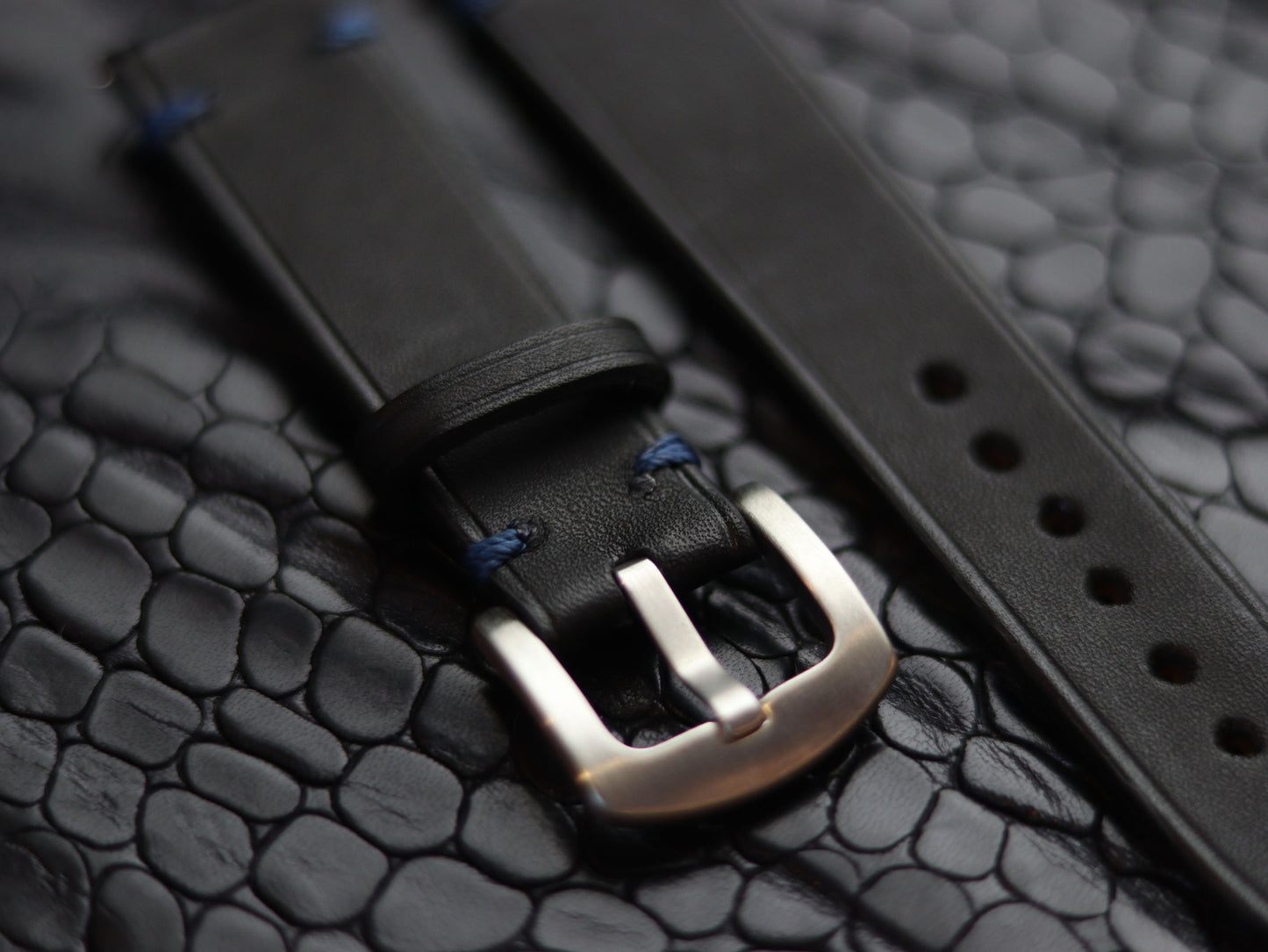 LEATHER STRAPS  MATTE BLACK (BLUE ) MINIMAL STITCHED GRIP LEATHER GOODS