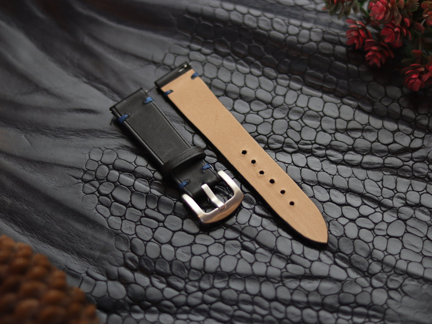 LEATHER STRAPS  MATTE BLACK (BLUE ) MINIMAL STITCHED GRIP LEATHER GOODS