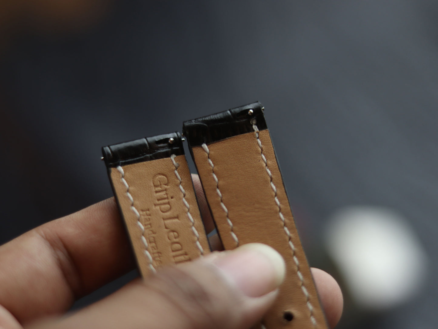 LEATHER STRAPS PHANTOM BLACK (WHITE  ) FULL STITCHED GRIP LEATHER GOODS