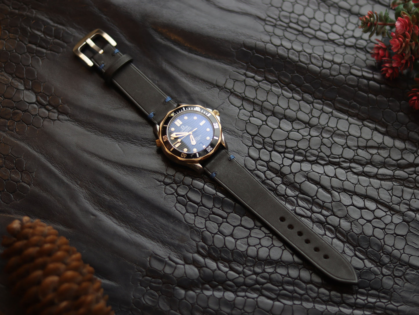 LEATHER STRAPS  MATTE BLACK (BLUE ) MINIMAL STITCHED GRIP LEATHER GOODS