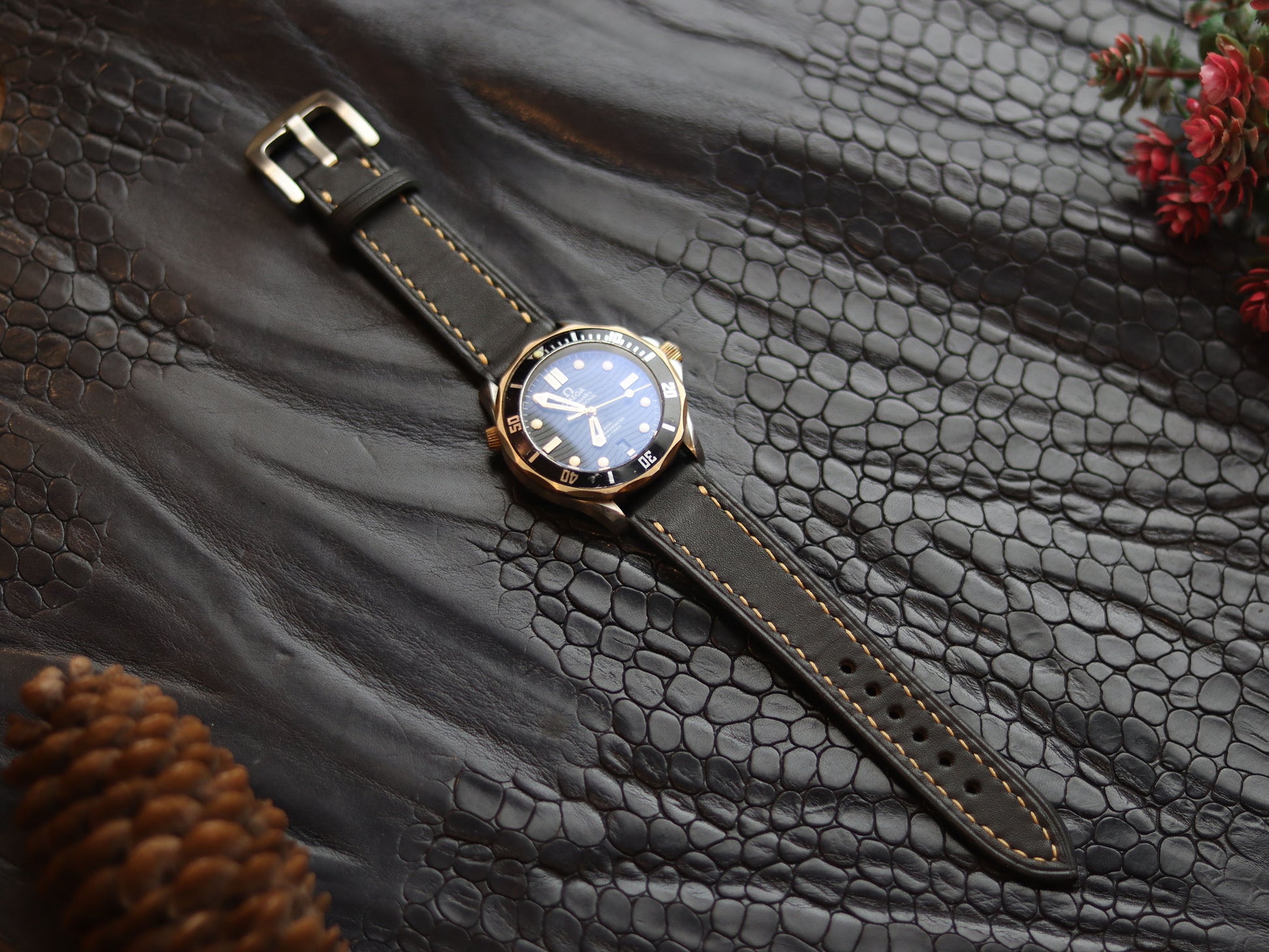 LEATHER STRAPS MATTE BLACK  ( SUNSET ORANGE) FULL STITCHED GRIP LEATHER GOODS