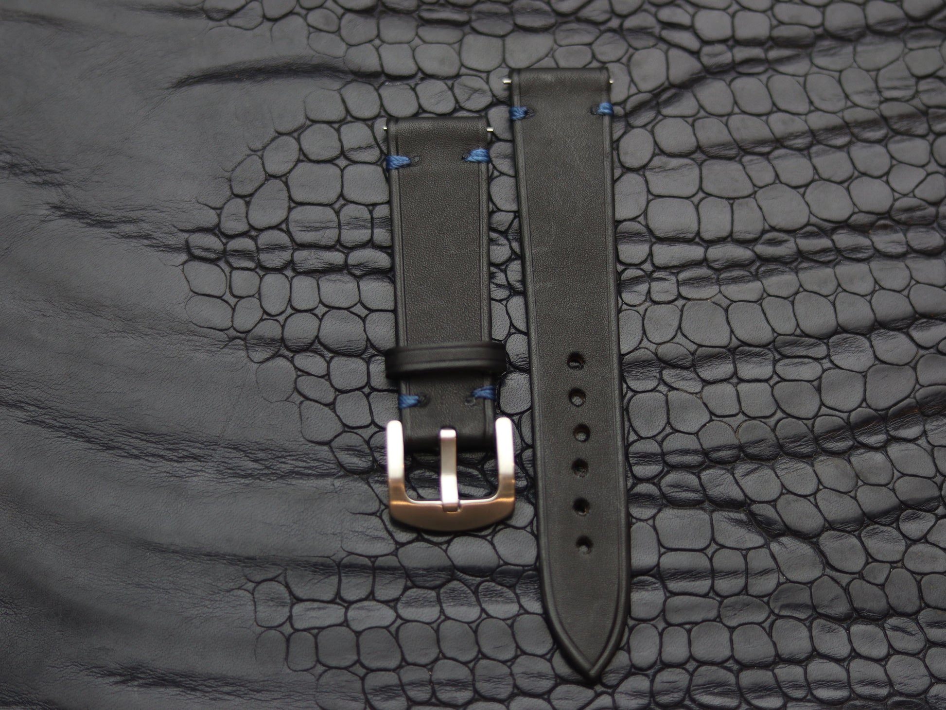 LEATHER STRAPS  MATTE BLACK (BLUE ) MINIMAL STITCHED GRIP LEATHER GOODS