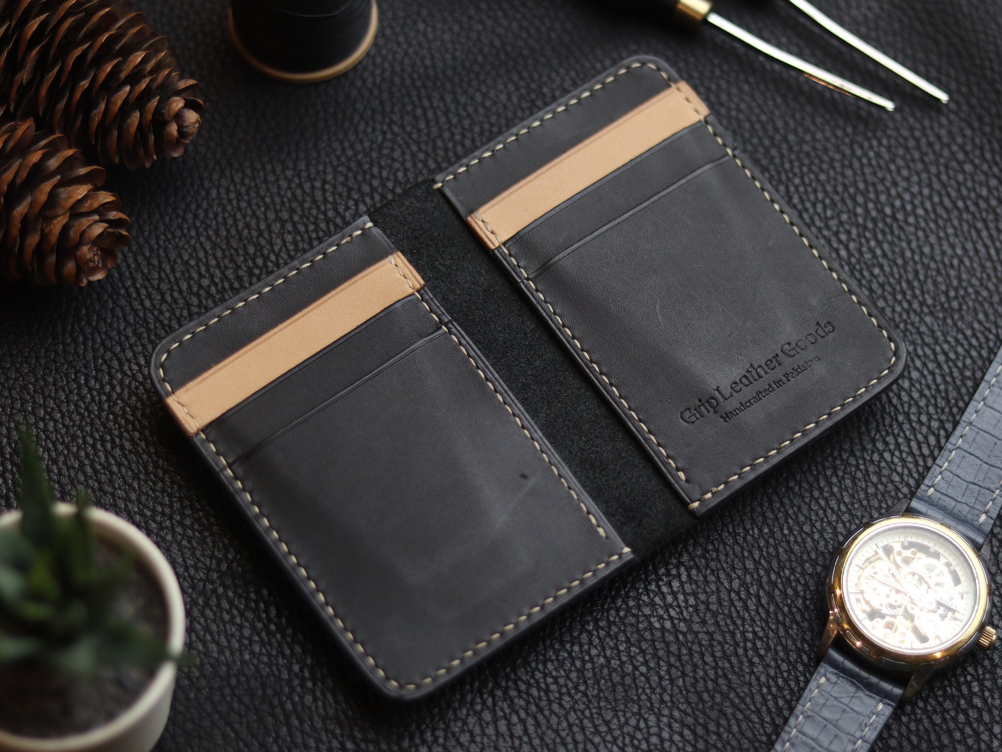 HUDSON SLIM BI-FOLD WALLET MATTE BLACK & CHIFFON WHITE GRIP LEATHER GOODS