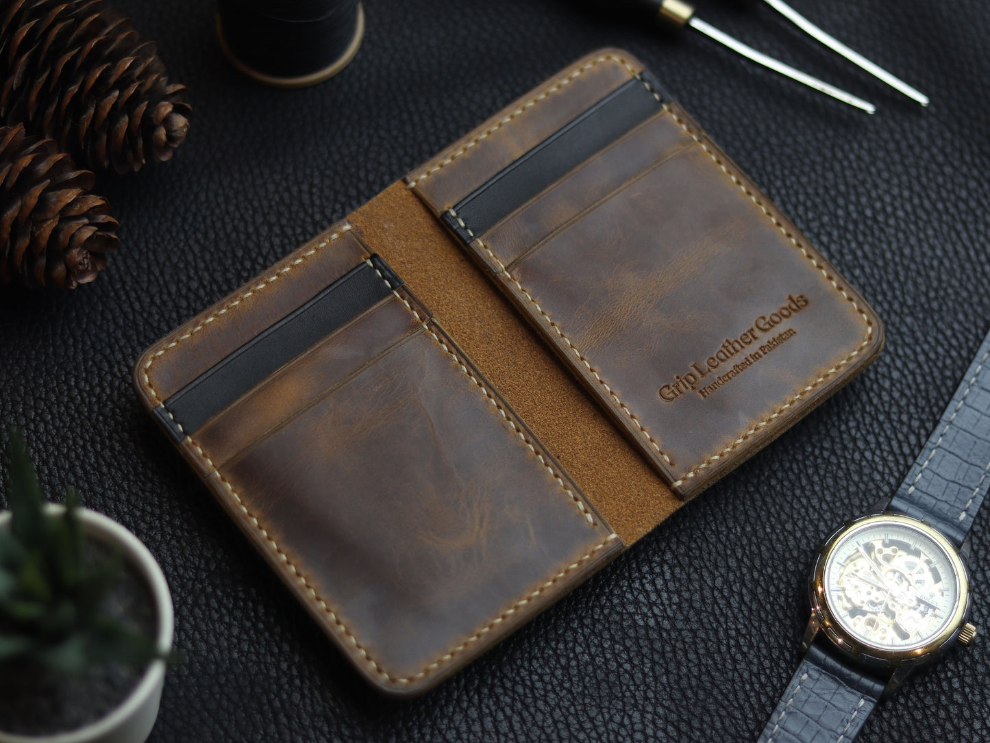 HUDSON SLIM BI-FOLD WALLET BRUNETTE BROWN & MATTE BLACK GRIP LEATHER GOODS