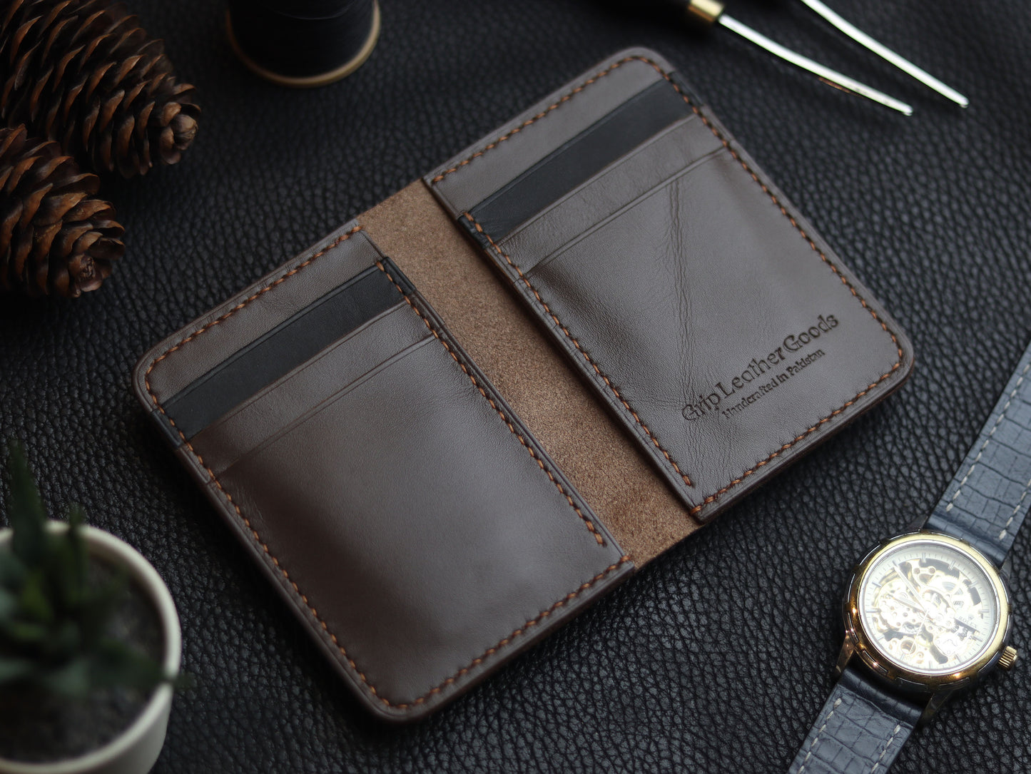 HUDSON SLIM BI-FOLD WALLET RUSTIC BROWN & MATTE BLACK GRIP LEATHER GOODS