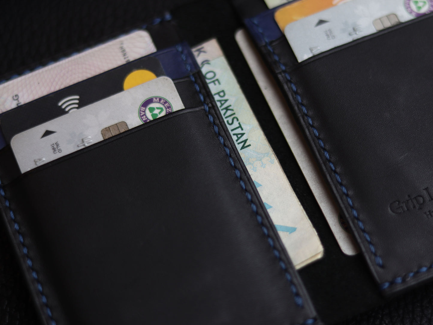 HUDSON SLIM BI-FOLD WALLET MATTE BLACK & BLUE GRIP LEATHER GOODS