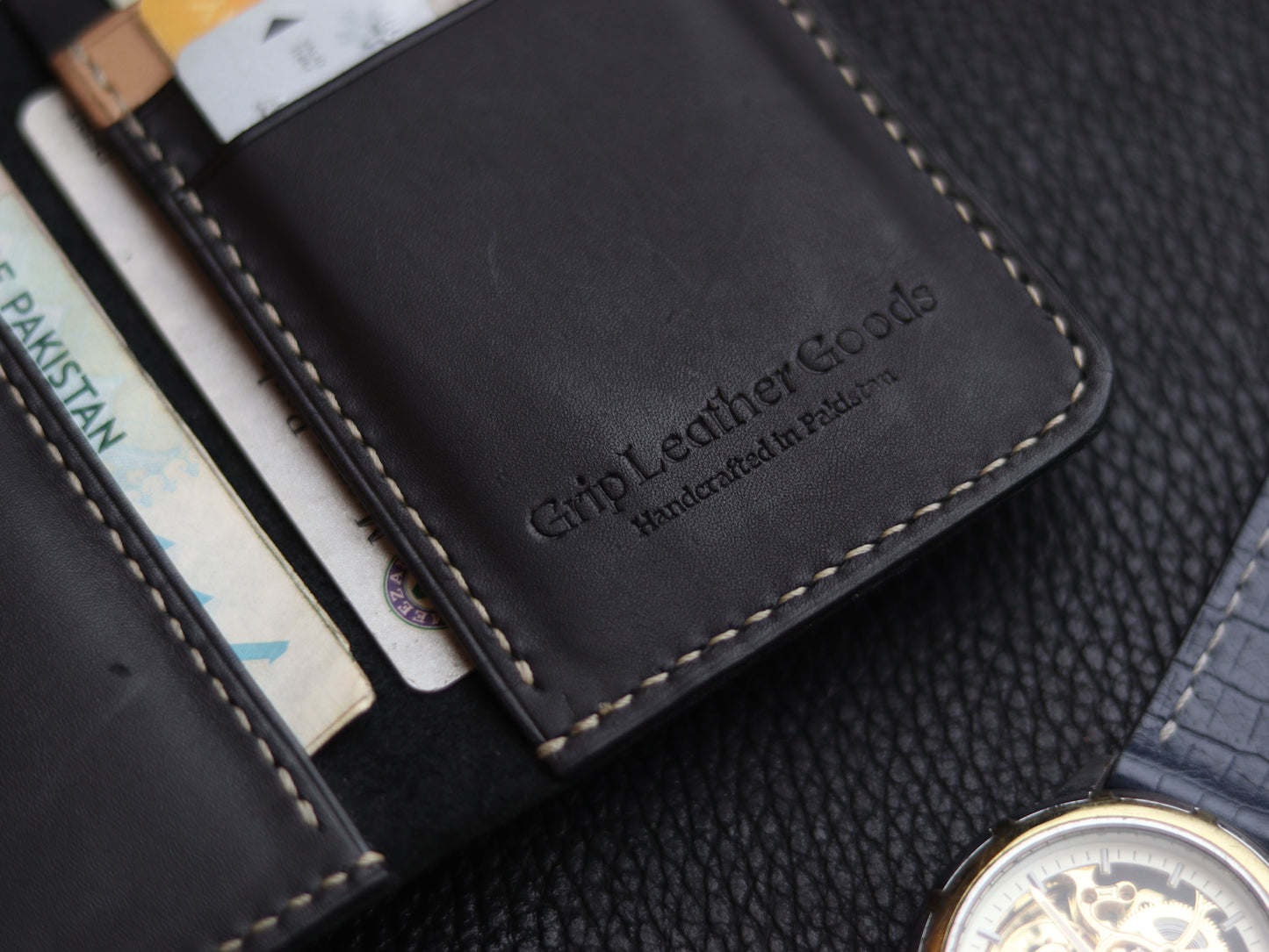 HUDSON SLIM BI-FOLD WALLET MATTE BLACK & CHIFFON WHITE GRIP LEATHER GOODS