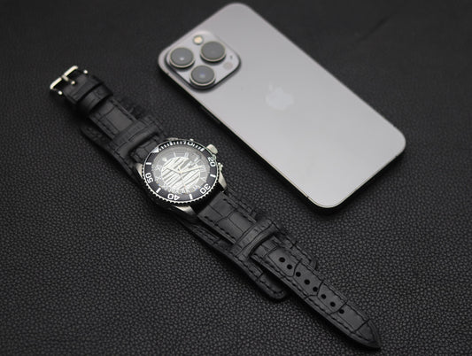 BASTIAN PREMIUM LEATHER CUFF STRAPS CROCODILE BLACK