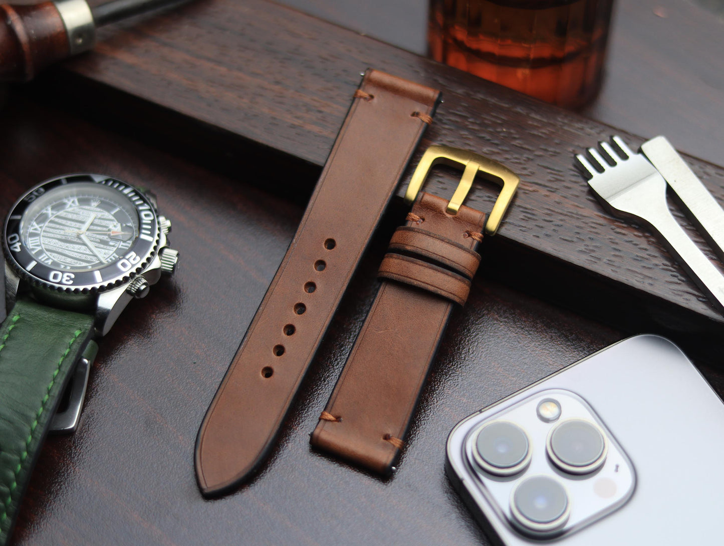 PREMIUM LEATHER STRAP SEPIA BROWN-MINIMAL STITCHED (BROWN)