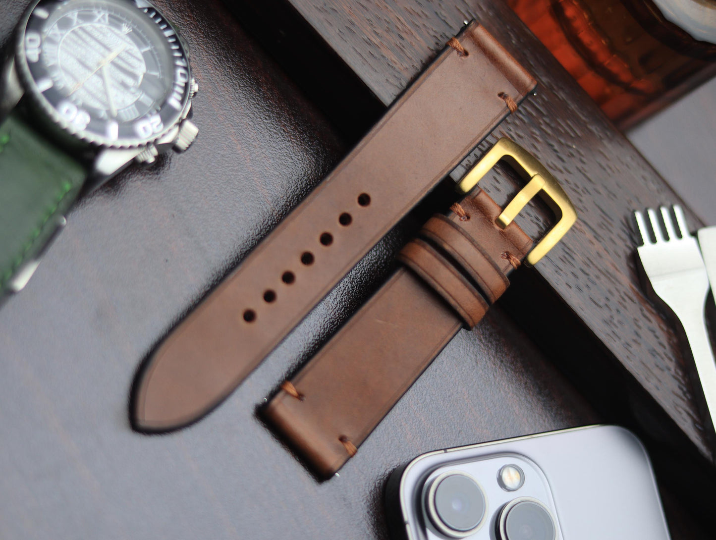 PREMIUM LEATHER STRAP SEPIA BROWN-MINIMAL STITCHED (BROWN)
