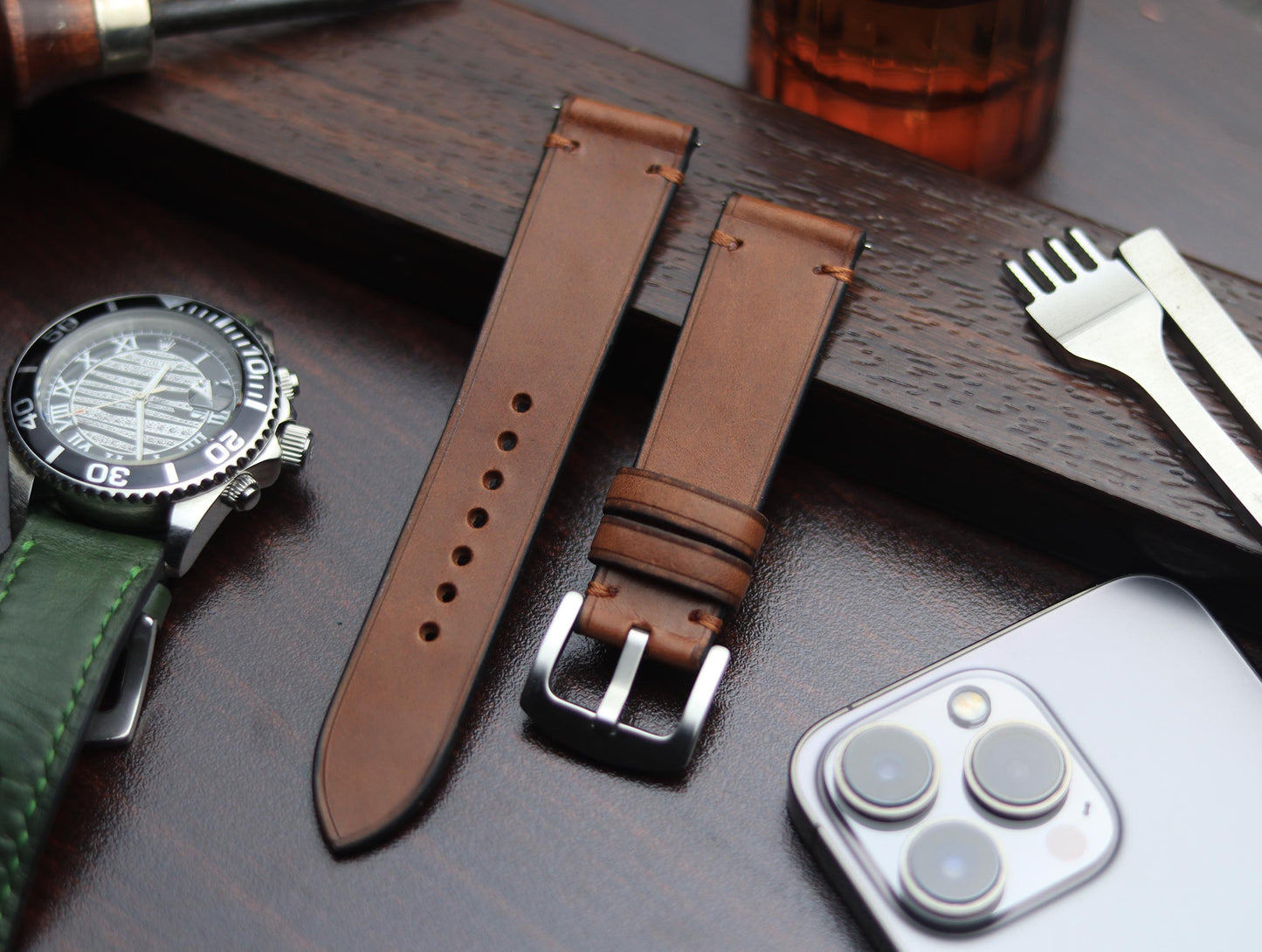 PREMIUM LEATHER STRAP SEPIA BROWN-MINIMAL STITCHED (BROWN)