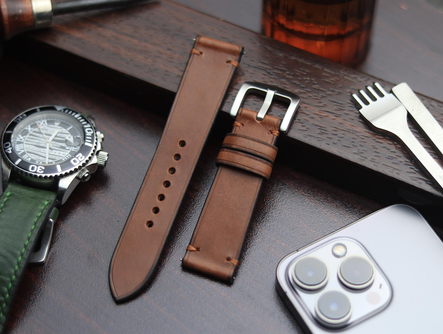 PREMIUM LEATHER STRAP SEPIA BROWN-MINIMAL STITCHED (BROWN)