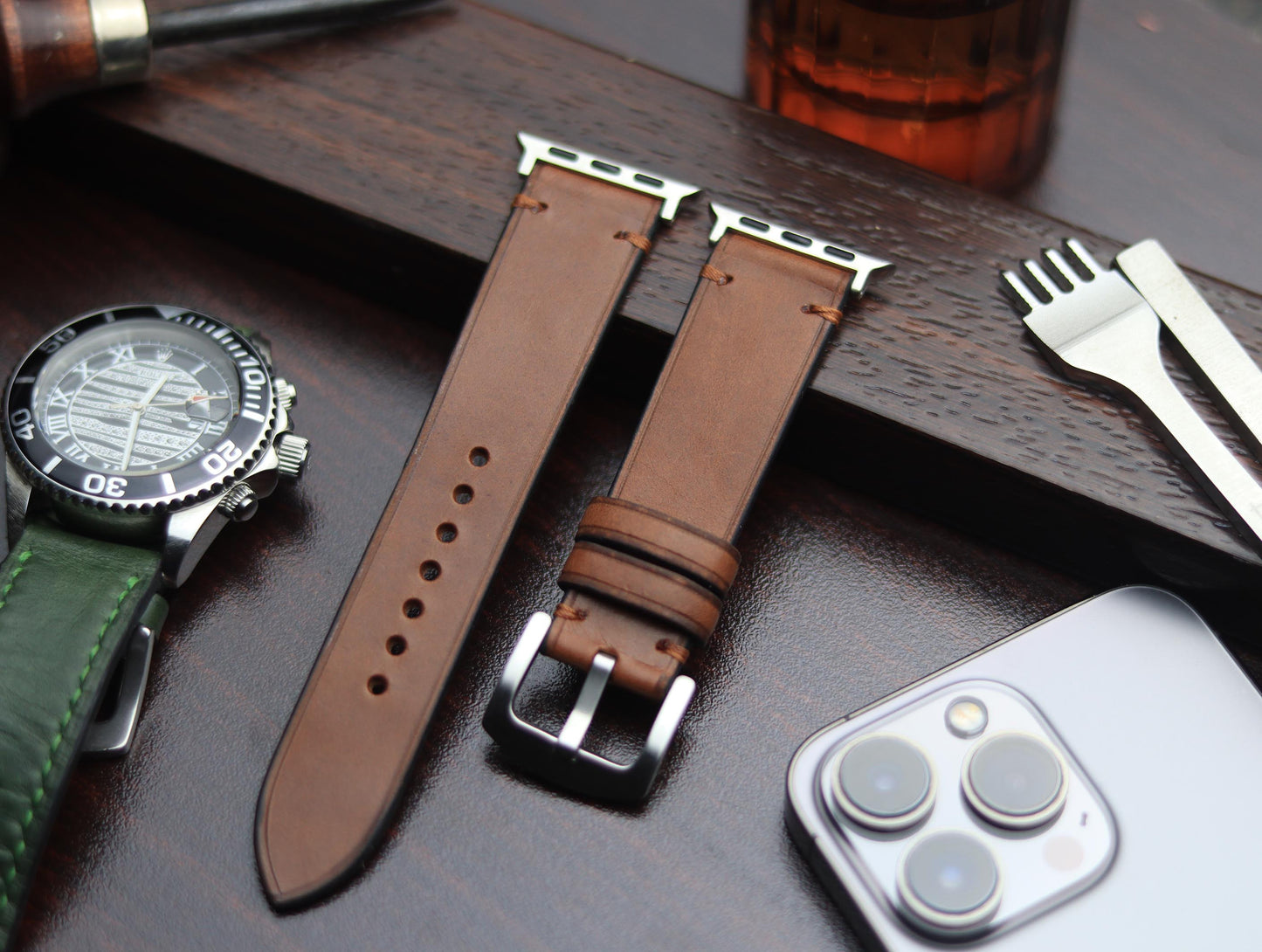 PREMIUM LEATHER STRAP SEPIA BROWN-MINIMAL STITCHED (BROWN)
