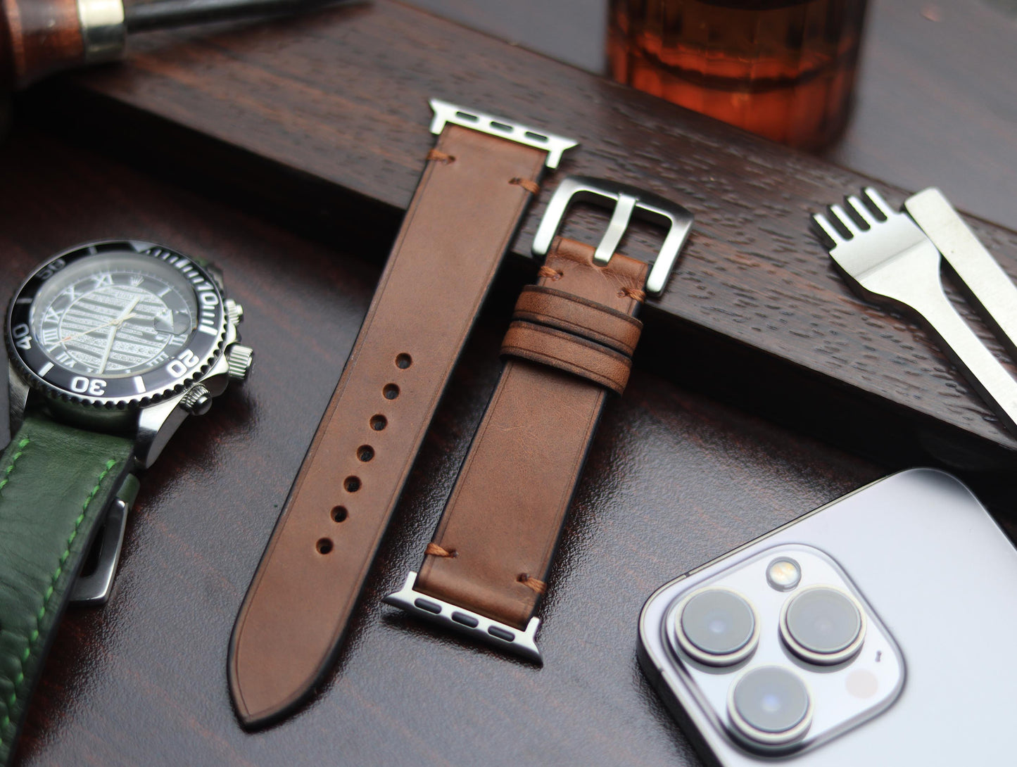 PREMIUM LEATHER STRAP SEPIA BROWN-MINIMAL STITCHED (BROWN)