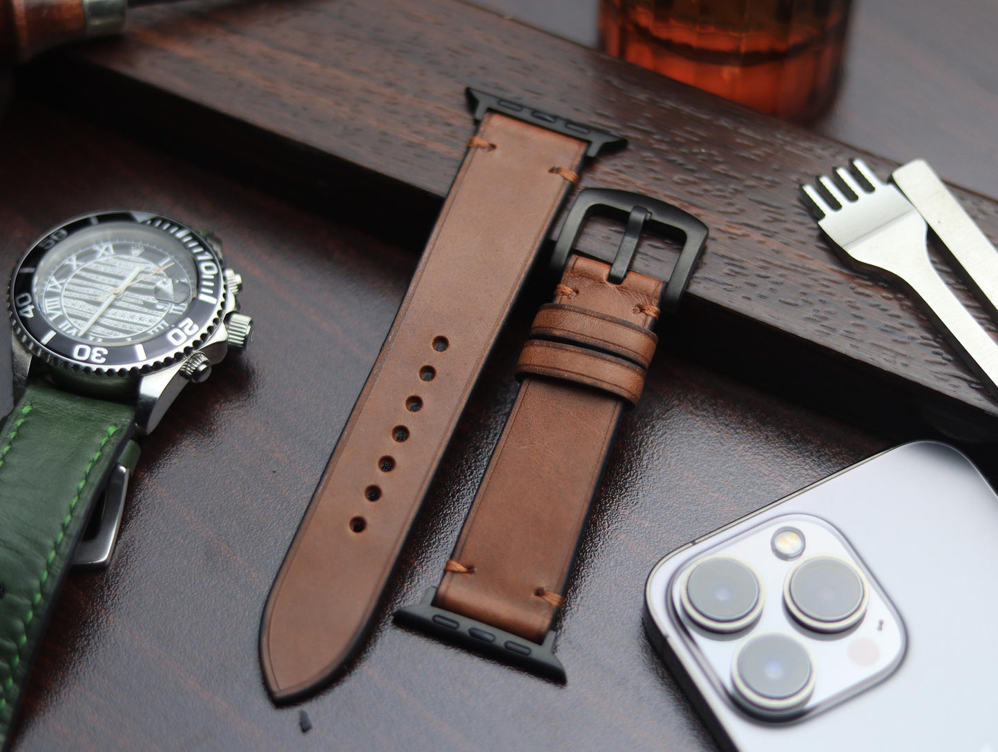 PREMIUM LEATHER STRAP SEPIA BROWN-MINIMAL STITCHED (BROWN)
