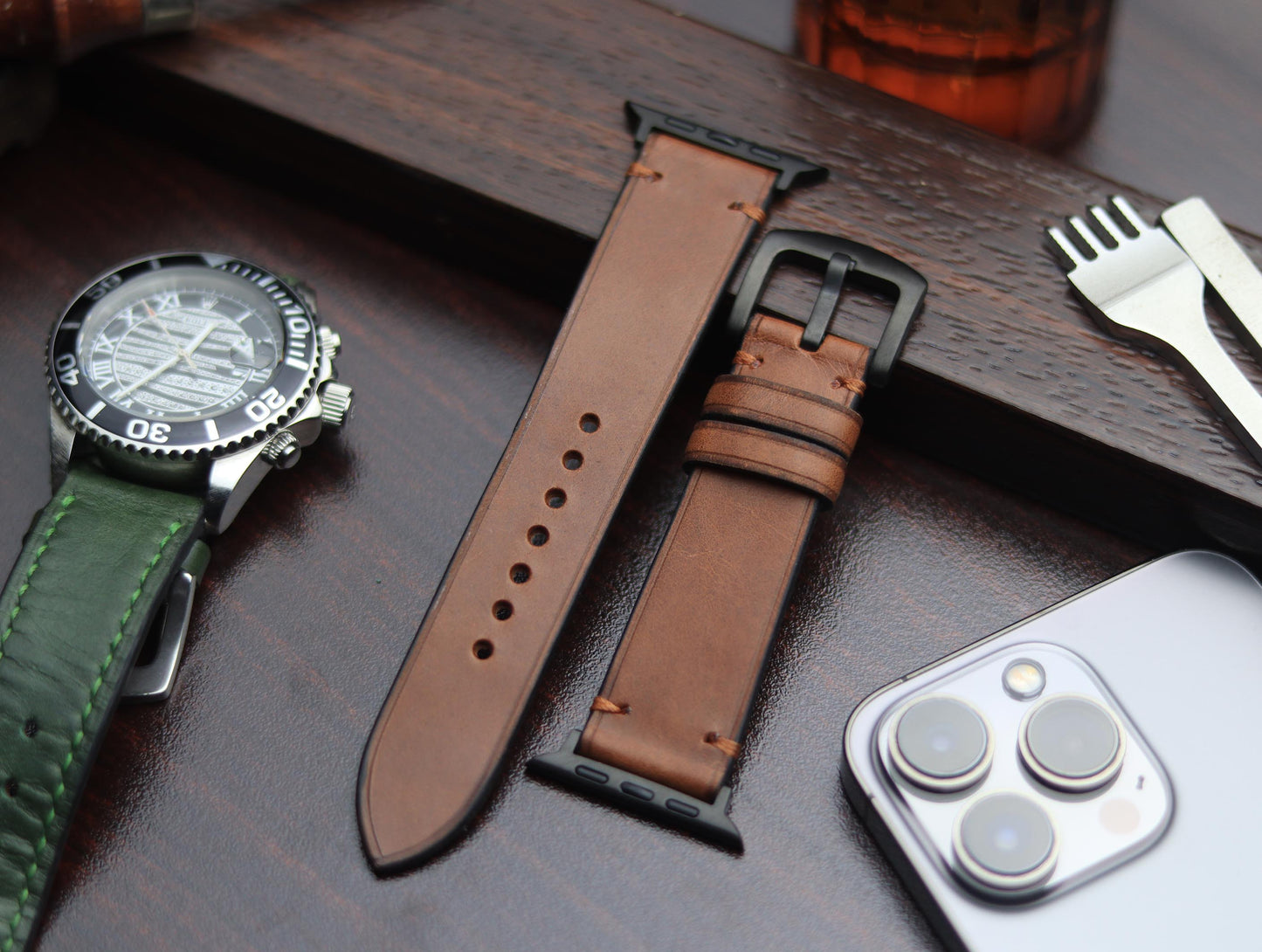 PREMIUM LEATHER STRAP SEPIA BROWN-MINIMAL STITCHED (BROWN)