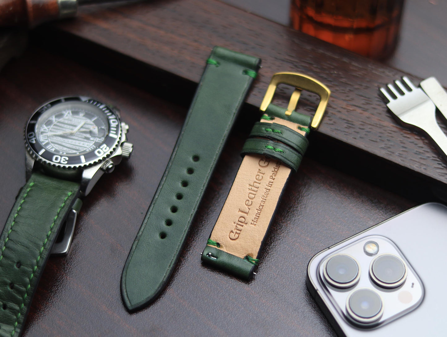 PREMIUM LEATHER STRAP FOREST GREEN -MINIMAL STITCHED (GREEN)