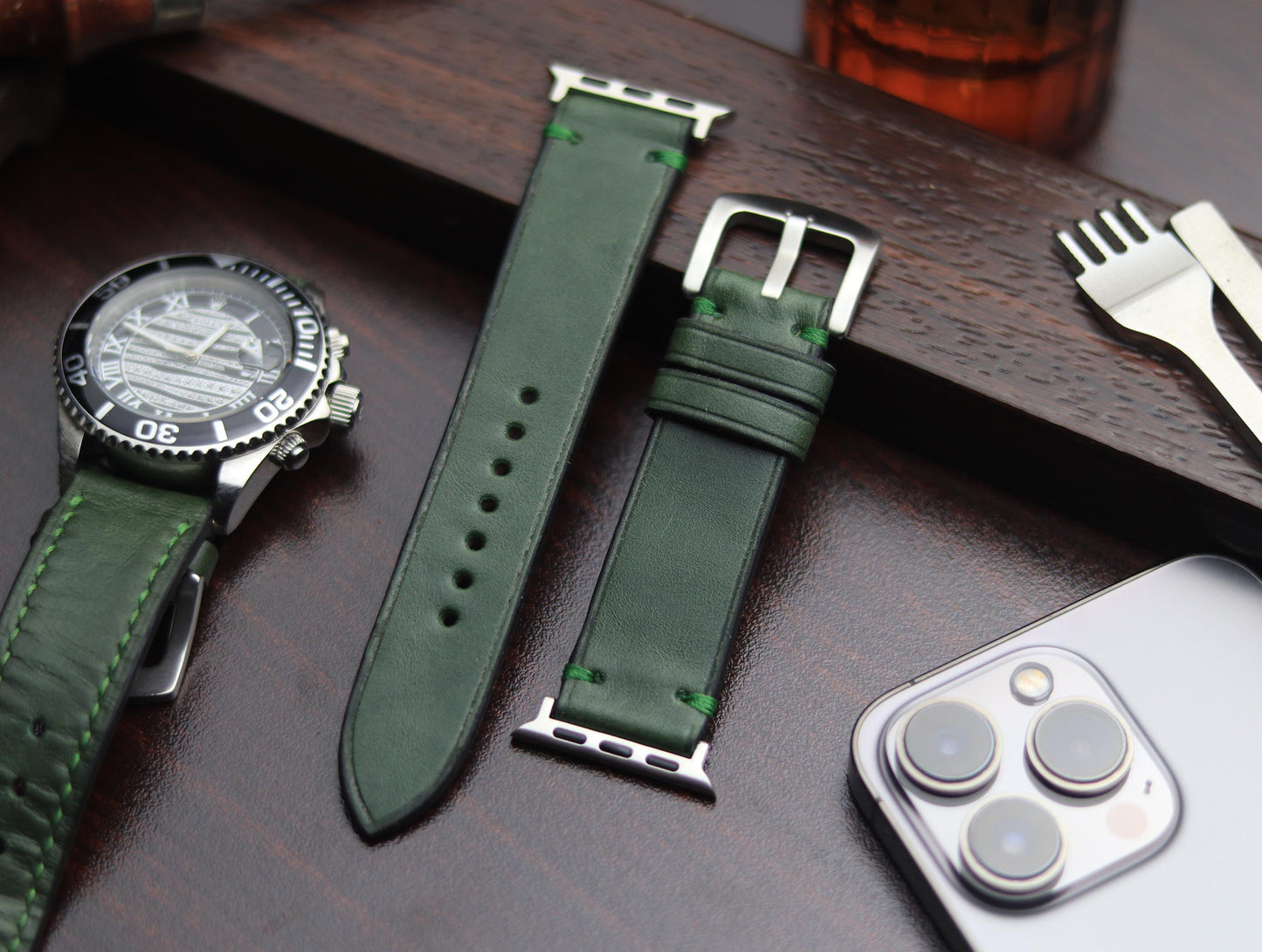 PREMIUM LEATHER STRAP FOREST GREEN -MINIMAL STITCHED (GREEN)