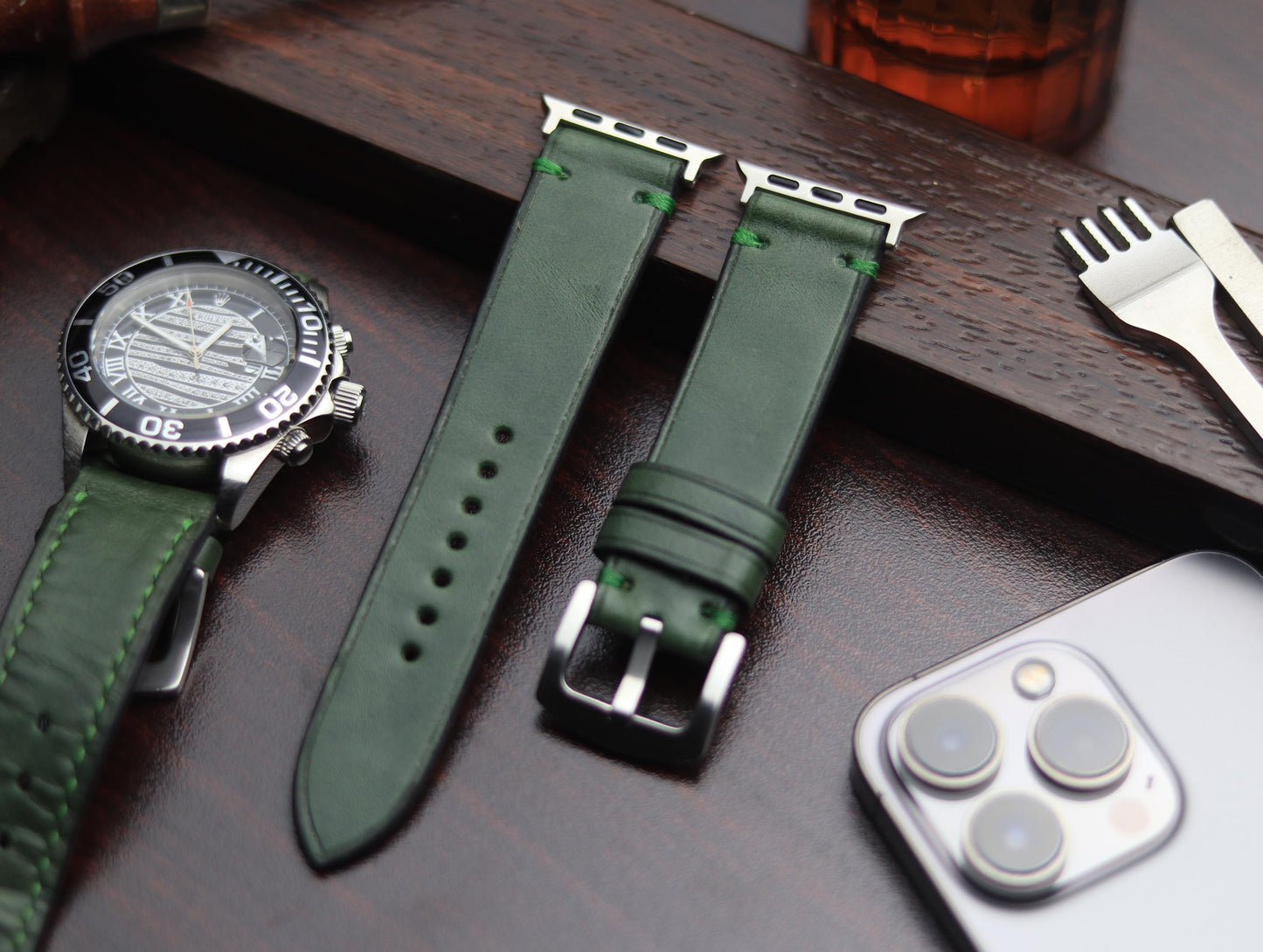 PREMIUM LEATHER STRAP FOREST GREEN -MINIMAL STITCHED (GREEN)