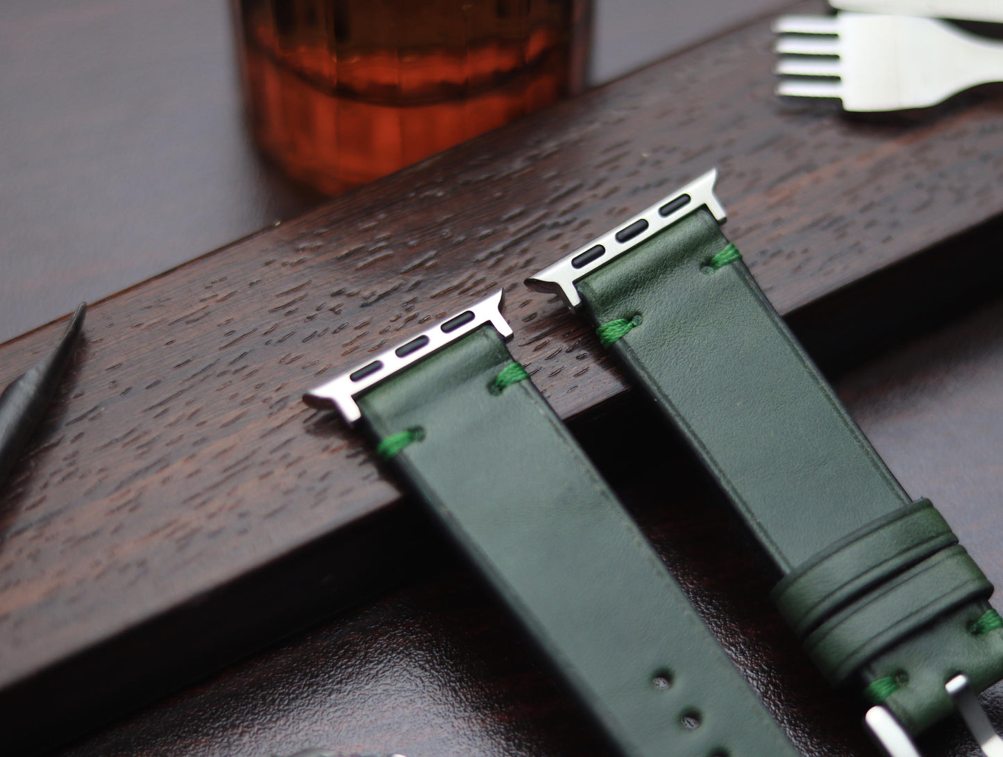 PREMIUM LEATHER STRAP FOREST GREEN -MINIMAL STITCHED (GREEN)