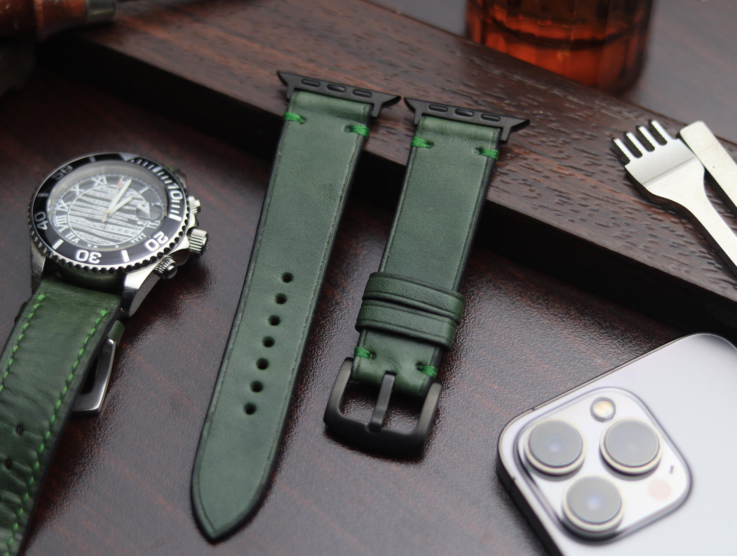 PREMIUM LEATHER STRAP FOREST GREEN -MINIMAL STITCHED (GREEN)