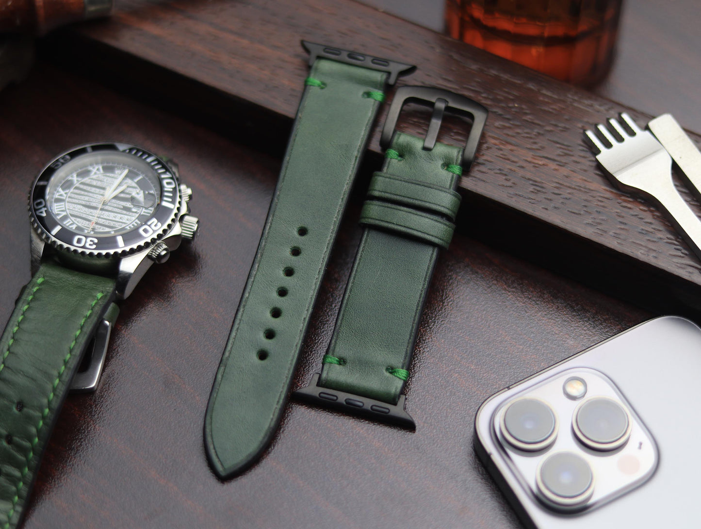 PREMIUM LEATHER STRAP FOREST GREEN -MINIMAL STITCHED (GREEN)