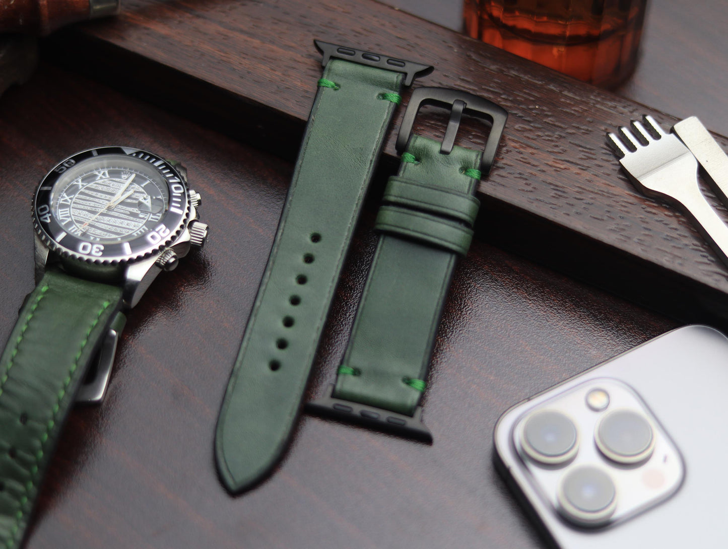 PREMIUM LEATHER STRAP FOREST GREEN -MINIMAL STITCHED (GREEN)