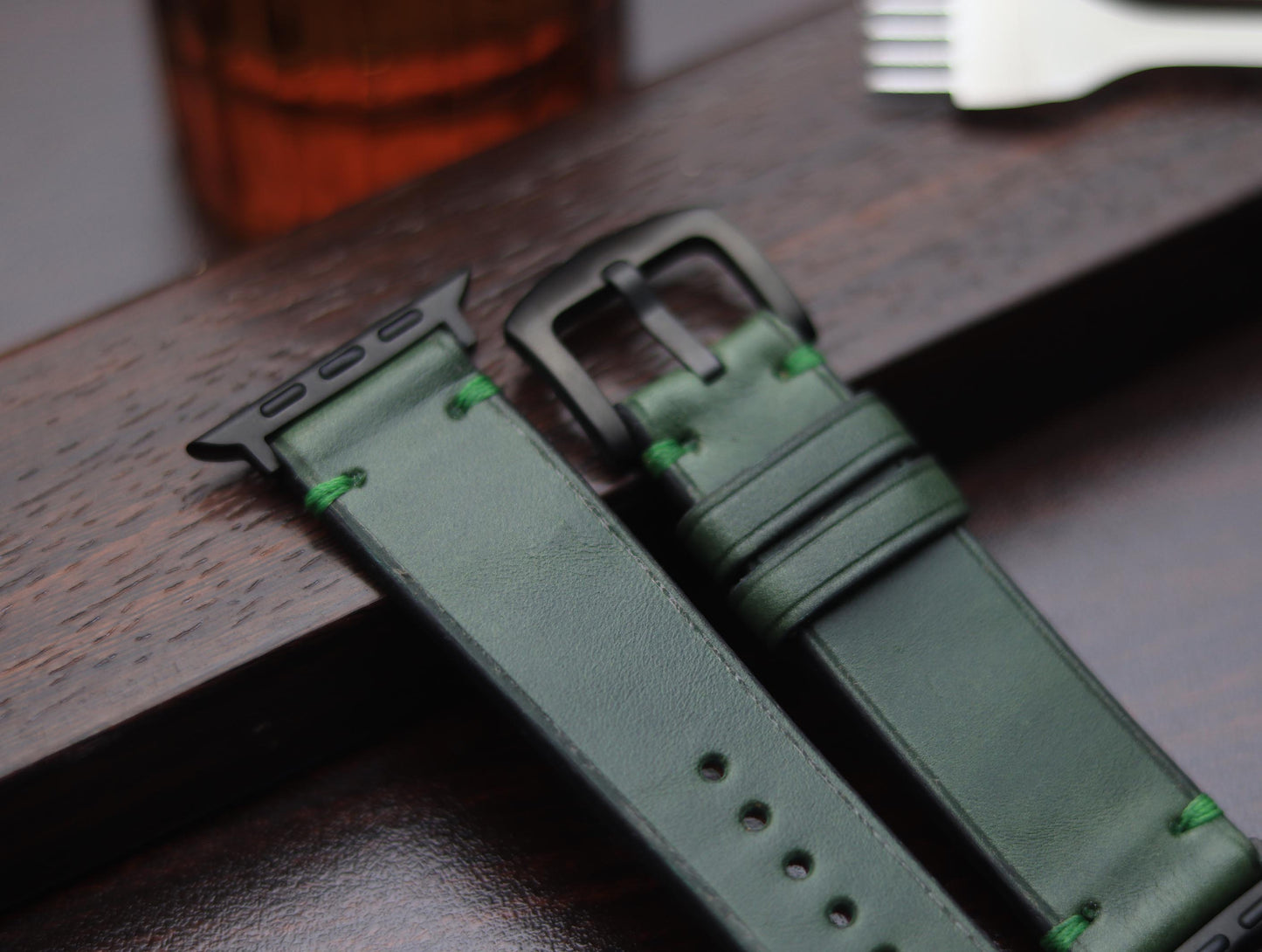 PREMIUM LEATHER STRAP FOREST GREEN -MINIMAL STITCHED (GREEN)