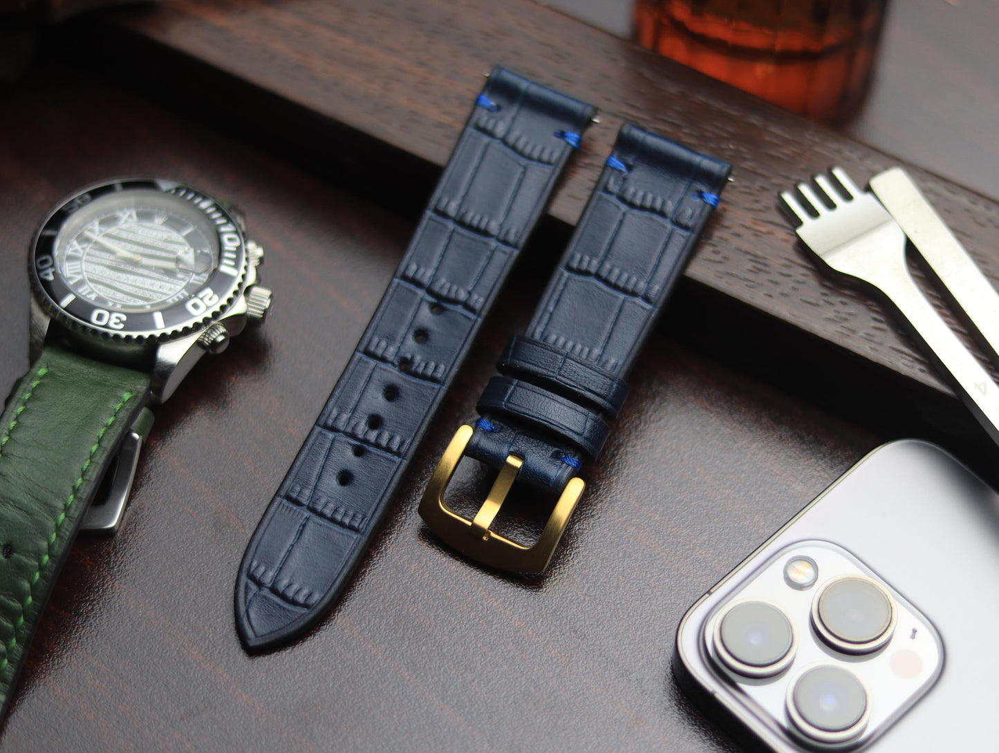 PREMIUM LEATHER STRAP SAPPHIRE BLUE - MINIMAL STITCHED (BLUE)