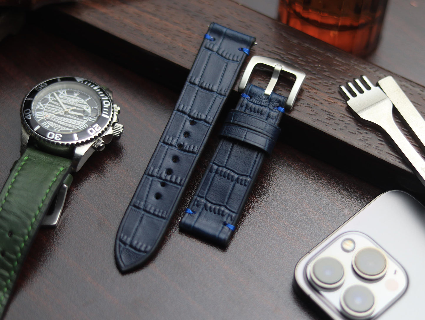 PREMIUM LEATHER STRAP SAPPHIRE BLUE - MINIMAL STITCHED (BLUE)