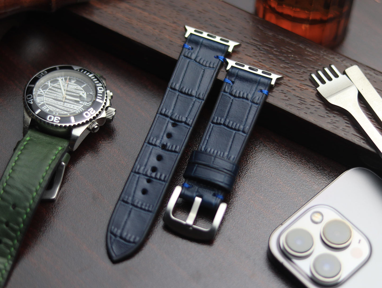 PREMIUM LEATHER STRAP SAPPHIRE BLUE - MINIMAL STITCHED (BLUE)