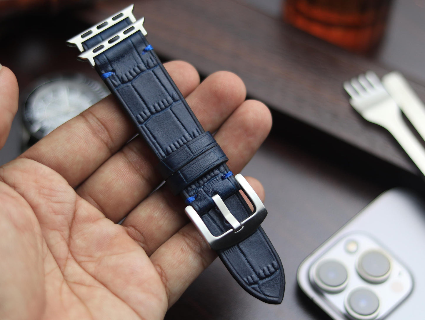 PREMIUM LEATHER STRAP SAPPHIRE BLUE - MINIMAL STITCHED (BLUE)
