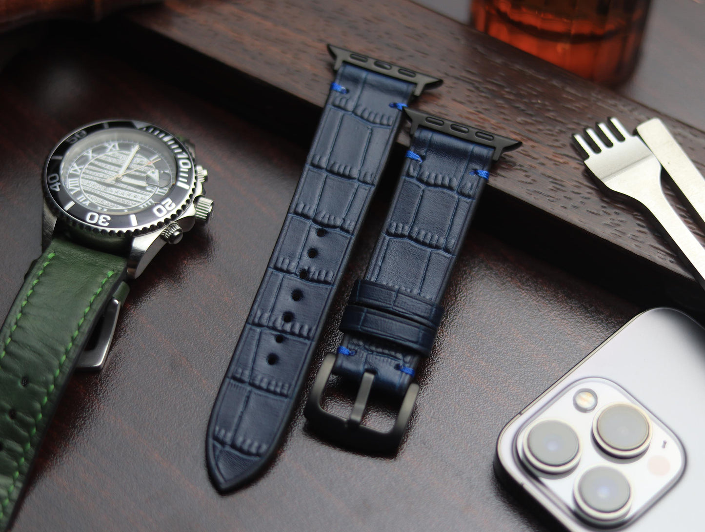 PREMIUM LEATHER STRAP SAPPHIRE BLUE - MINIMAL STITCHED (BLUE)