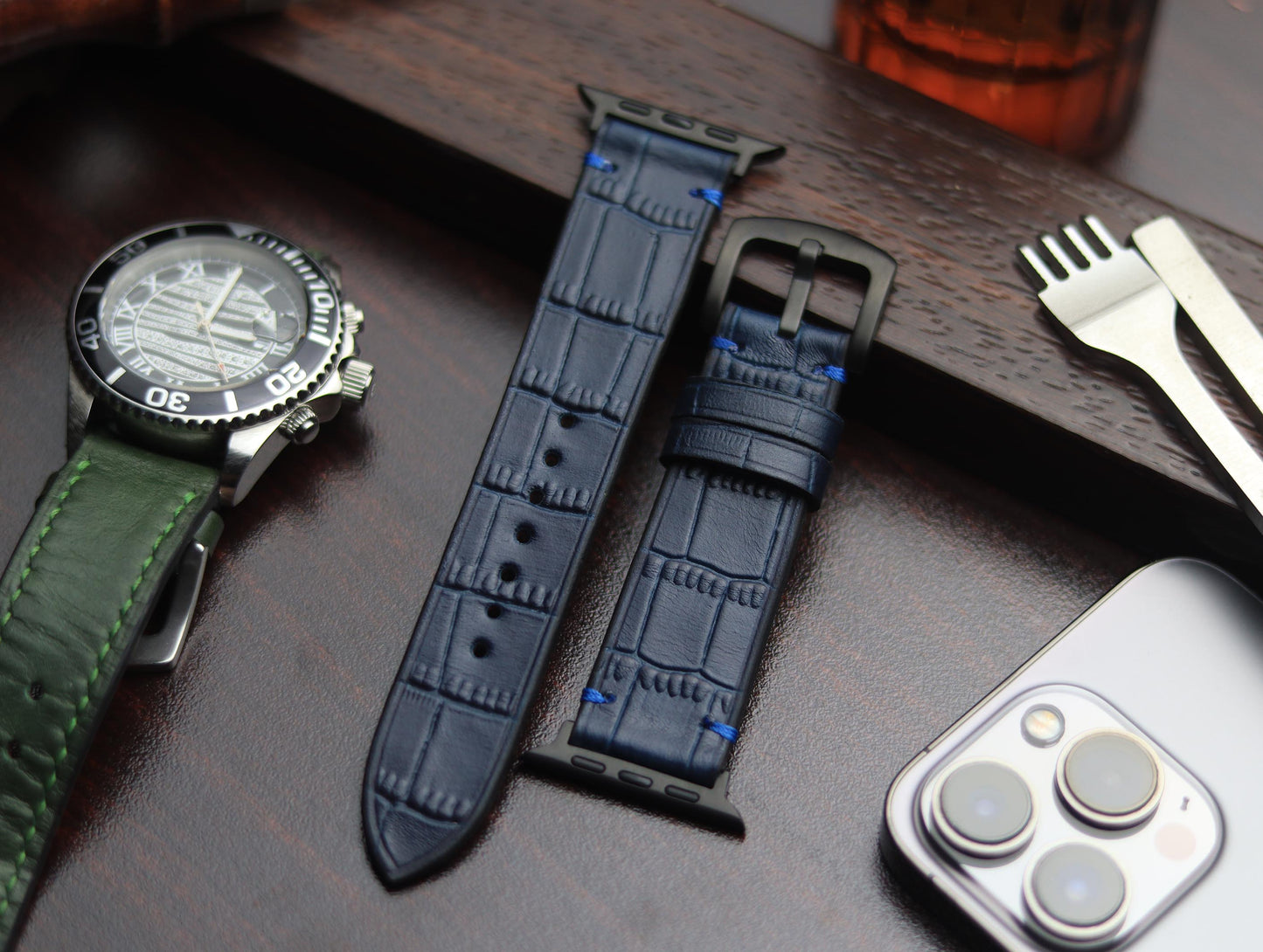 PREMIUM LEATHER STRAP SAPPHIRE BLUE - MINIMAL STITCHED (BLUE)