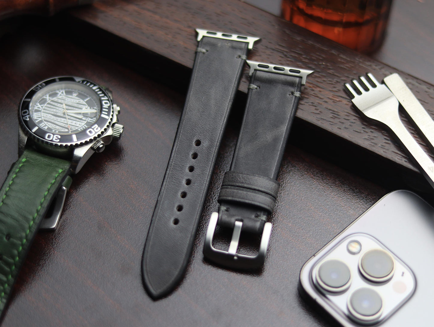 PREMIUM LEATHER STRAP EMPIRICAL GREY MINIMAL STITCHED (GREY)