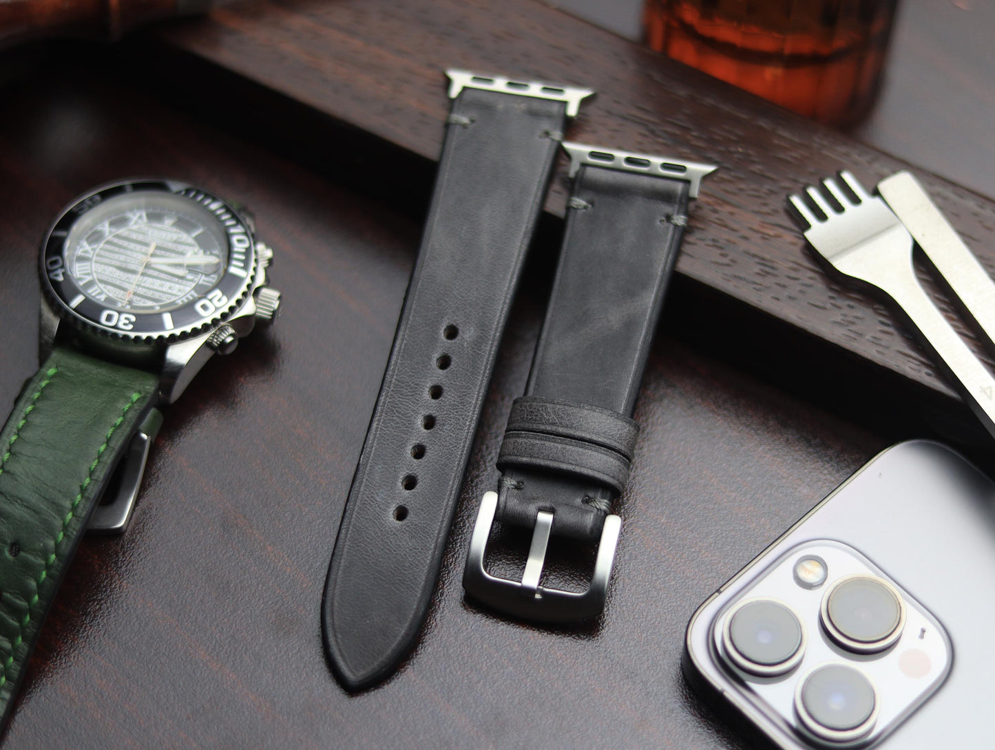 PREMIUM LEATHER STRAP EMPIRICAL GREY MINIMAL STITCHED (GREY)