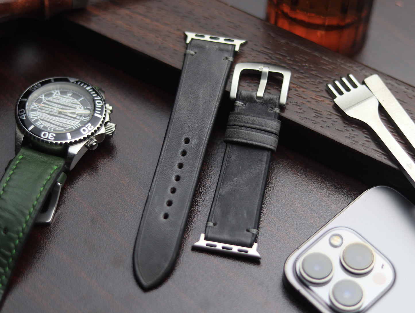 PREMIUM LEATHER STRAP EMPIRICAL GREY MINIMAL STITCHED (GREY)