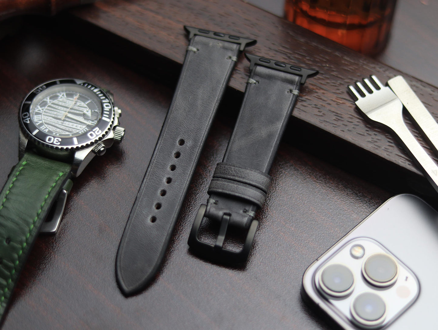 PREMIUM LEATHER STRAP EMPIRICAL GREY MINIMAL STITCHED (GREY)