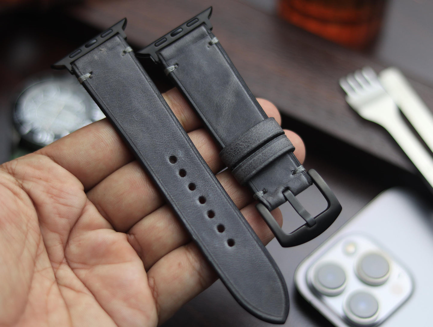 PREMIUM LEATHER STRAP EMPIRICAL GREY MINIMAL STITCHED (GREY)