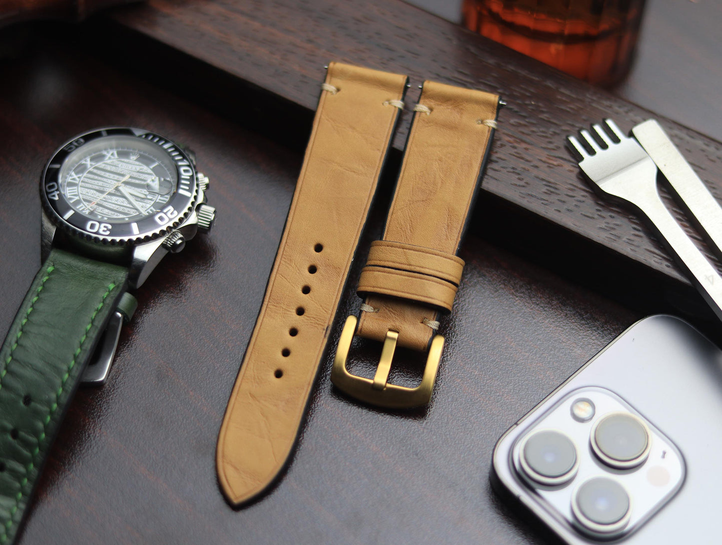 PREMIUM LEATHER STRAP WARM BEIGH MINIMAL STITCHED (BEIGH)