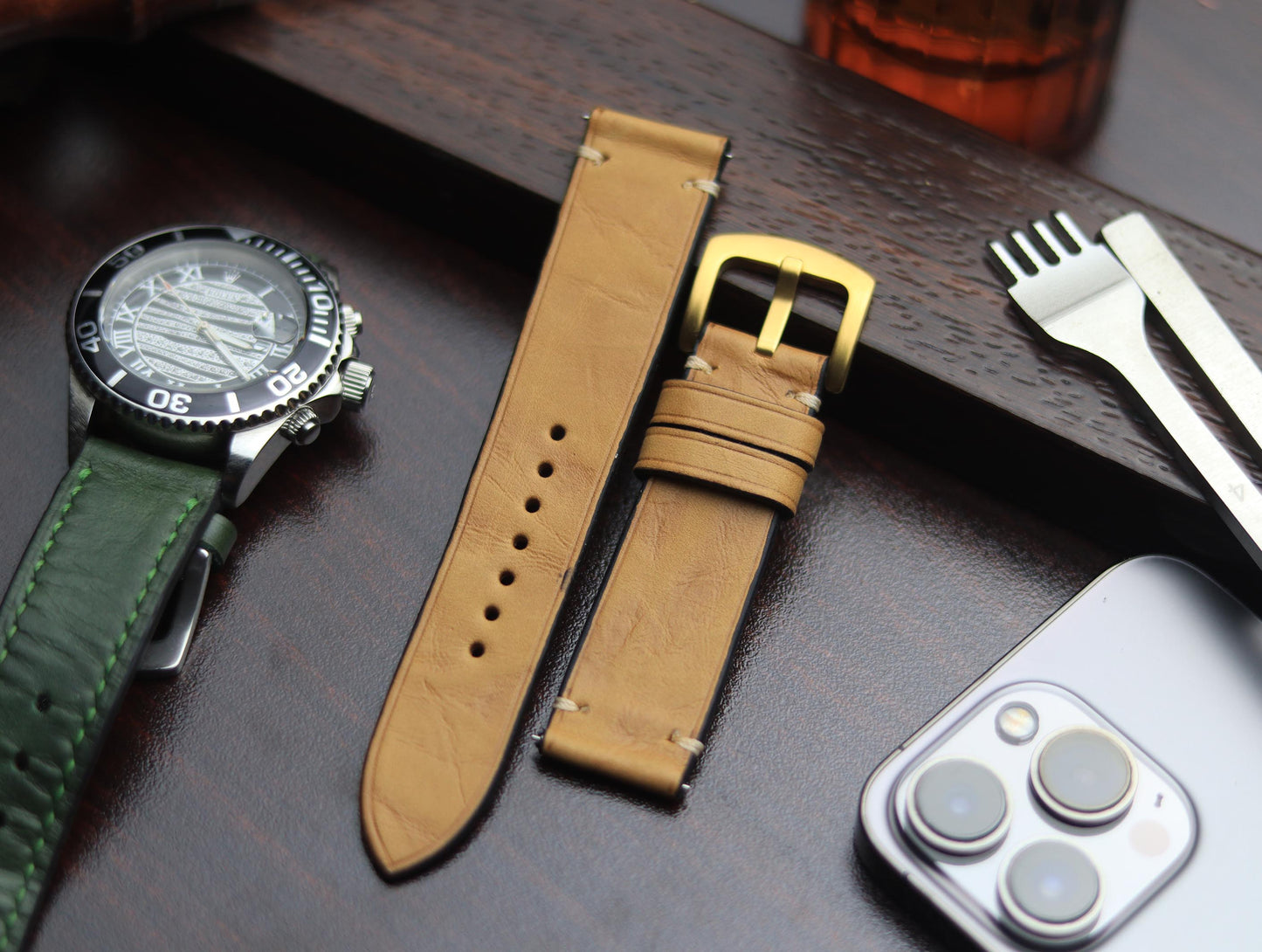 PREMIUM LEATHER STRAP WARM BEIGH MINIMAL STITCHED (BEIGH)