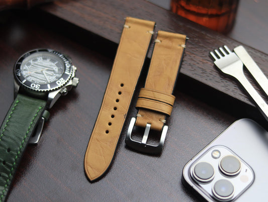 PREMIUM LEATHER STRAP WARM BEIGH MINIMAL STITCHED (BEIGH)
